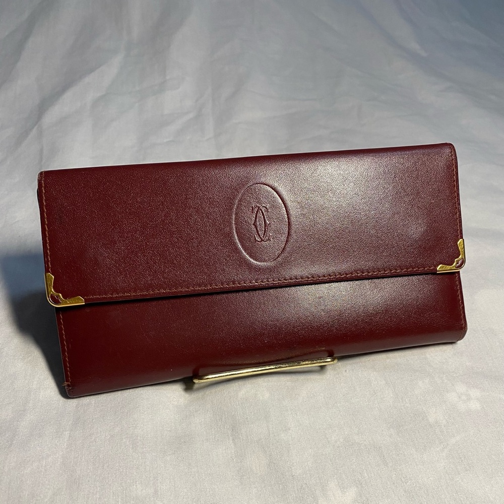 Cartier Burgundy Bordeaux Long Leather Kisslock Continental Wallet | Vintage